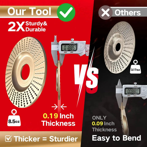 Comparison of wood carving discs, highlighting our tool's 0.19 inch thickness vs competitor's 0.09 inch, with focus on durability.