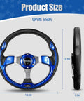 Front and side view of 12.5 Inch Universal Golf Cart Steering Wheel Blue Dope Racing Style Fits EZGO TXT RXV Club Car DS Precedent Yamaha And Most Golf Carts With Adapter Not Included Sold Separately