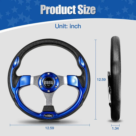 Front and side view of 12.5 Inch Universal Golf Cart Steering Wheel Blue Dope Racing Style Fits EZGO TXT RXV Club Car DS Precedent Yamaha And Most Golf Carts With Adapter Not Included Sold Separately
