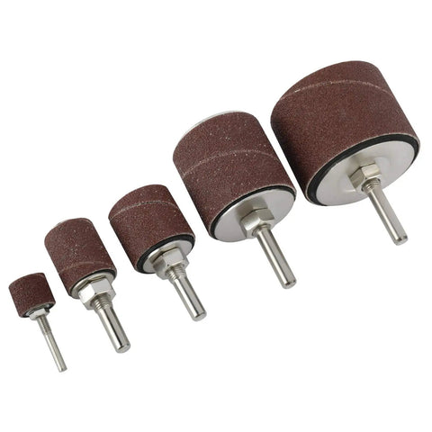 Heavy Hitter 25 Piece Sanding Drum Kit For Drills and Benchtop Presses with five mandrel arbors and coarse grit sleeves.