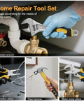 Adjustable wrench in 328 Piece Tool Kit For Home And Auto Hand Repair Tool Set In A Sturdy Toolbox With Drawer, fixing a pipe.