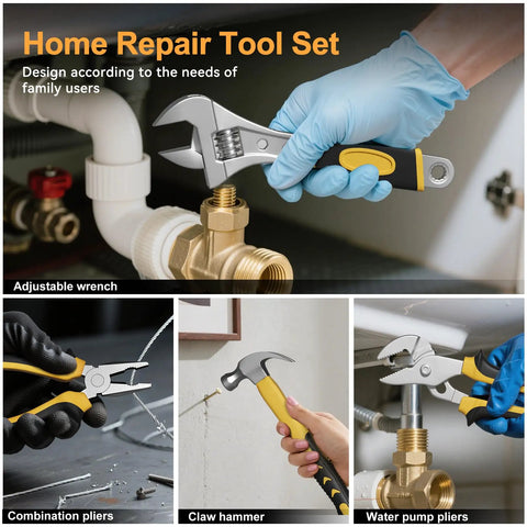 Adjustable wrench in 328 Piece Tool Kit For Home And Auto Hand Repair Tool Set In A Sturdy Toolbox With Drawer, fixing a pipe.