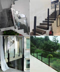 Stylish glass railing system for staircases and balconies, featuring black supports and modern design.