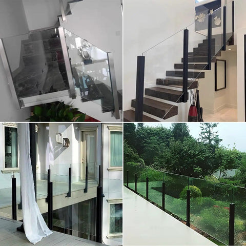 Slick Customizable Black Deck Railing System With Wall Mount Balcony Guardrail And Cleat Infill Kit Right End Post 32 Inch Height shown in various settings.