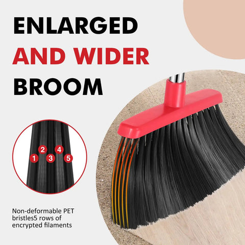 Heavy Duty Angle Broom With Adjustable Handle And Wide Brush Head Built Like A Beast To Clean Concrete Patios Garages And Driveways Without Breaking A Sweat Two Pack Black Red with enlarged brush head and durable bristles.