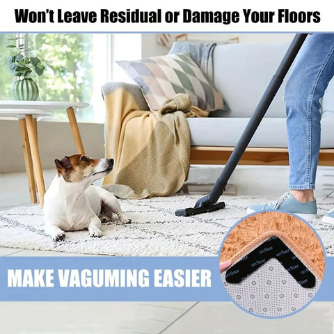 Person vacuuming a rug with Non Slip Rug Tape Grippers 8 Pack 16 Pack Reusable Washable Carpet Tape showing grip detail