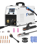 Six In One Dual Voltage MIG Welder 120V/240V Workhorse With Flux Core And Gas MIG Stick Lift TIG Spot Welding All In One Spool Gun Ready Portable Weld Machine With LED Display including accessories shown.