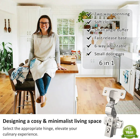 Kitchen scene with inset soft close cabinet hinge, focus on 50 Pack 25 Pairs Inset Soft Close Cabinet Hinges Clip On Plate 45 To 110 Degrees Frameless European Cabinet Door Hinge 3D Adjustable Silent Self Closing For Kitchen And Bathroom Cabinets