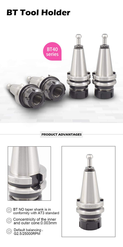 Four Piece Precision Balanced BT40 ER32 Tool Holder Set With G2.5 25000 RPM, holder and collet pairs displayed