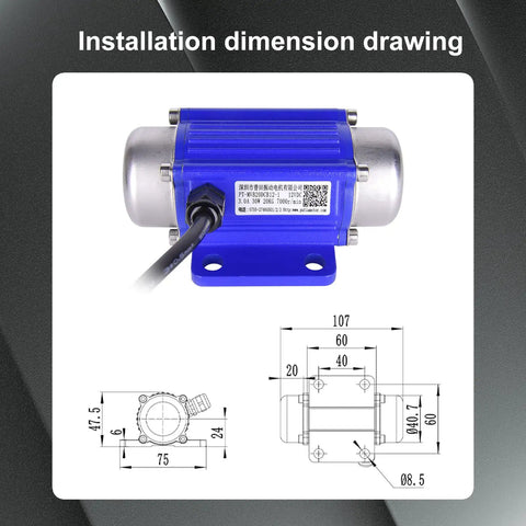 Blueprint and side view of Mini Brushless DC Vibration Motor 12V 30W With 7000 RPM Digital Display IP65 Waterproof for massage use