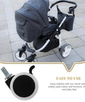 Beefy Heavy Duty Furniture Caster Wheels 4-Pack With Brakes, shown on a baby stroller, for baby beds, carts, and shelves.