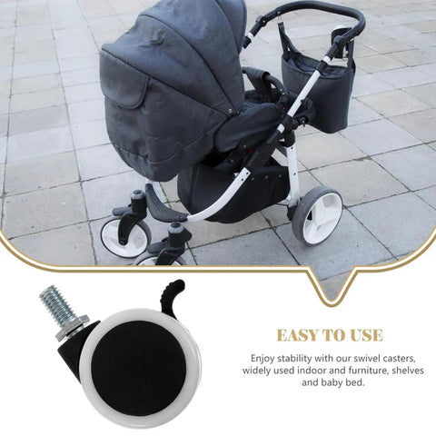Beefy Heavy Duty Furniture Caster Wheels 4-Pack With Brakes, shown on a baby stroller, for baby beds, carts, and shelves.