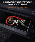 Compact Digital Tire Pressure Gauge With Inflator, Heavy Duty 3 To 250 PSI Range, stored in a glove box with quick connect coupler.