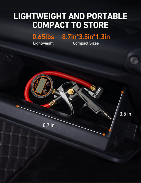 Compact Digital Tire Pressure Gauge With Inflator, Heavy Duty 3 To 250 PSI Range, stored in a glove box with quick connect coupler.