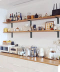 Kitchen shelves supported by heavy duty 10 inch L shaped shelf brackets 6 pack steel wall mount brackets with mounting hardware.