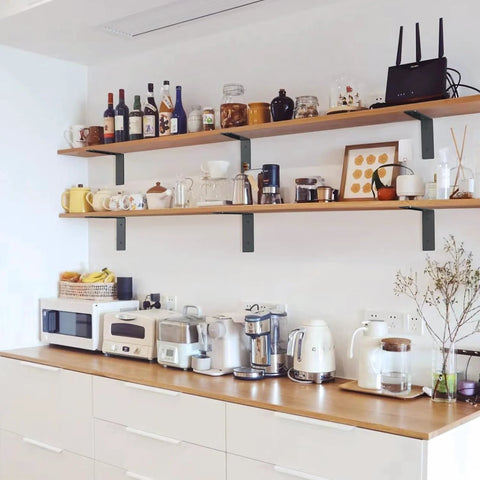 Kitchen shelves supported by heavy duty 10 inch L shaped shelf brackets 6 pack steel wall mount brackets with mounting hardware.