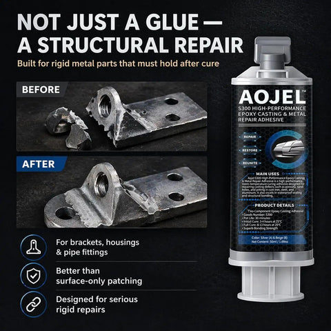 Heavy Duty Metal Epoxy For Structural Repair That Holds Brackets Housings Frames And Tools On Metal And Aluminum Load Bearing Waterproof And Heat Resistant To 392F Drillable After Cure 1.69 Oz showing before and after repair images
