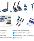 Upgraded Wireless HDMI Transmitter and Two Receivers With LED Screen, box, cables, adapters for 165 ft range setup.