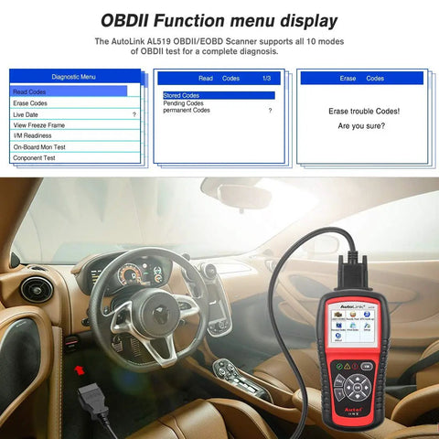 AL519 OBD2 Scanner Pro Car Diagnostic Tool displayed in car interior with menu options for full OBDII and CAN read functions.
