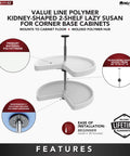 24 Inch Kidney Dual Tier Lazy Susan Slick Rotation Swivel Tray For Corner Base Cabinets Polymer Construction features adjustable height shelves.