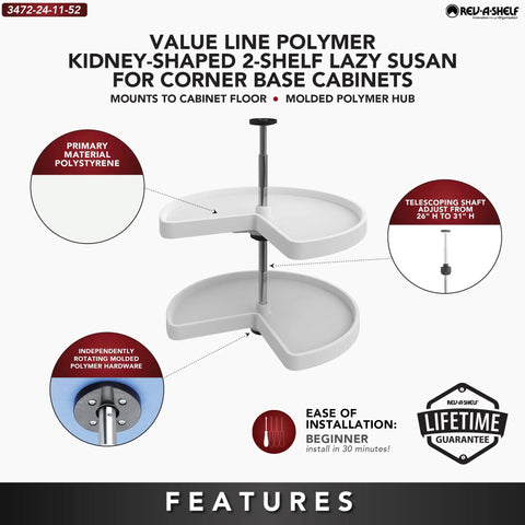 24 Inch Kidney Dual Tier Lazy Susan Slick Rotation Swivel Tray For Corner Base Cabinets Polymer Construction features adjustable height shelves.