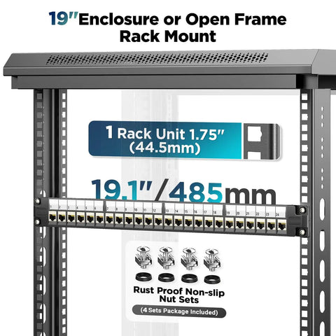 24 Port 1U Shielded Cat7 Patch Panel With 10G Inline Coupler in 19 Inch Rackmount setup, showing EMI shielding and non-slip nuts