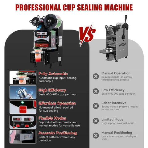 Professional image comparing Straight Up Heavy Duty Commercial Boba Cup Sealer Machine With Digital Control dual modes and features.