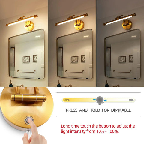 Dimmable Brass Vanity Light Over Mirror 16 Inch Plug In Rotatable Wall Sconce 8W Modern Farmhouse Bath Light With Multi Color Temperature