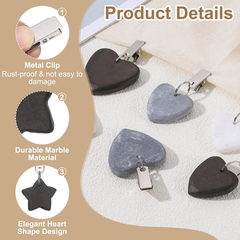 Eight Piece Tablecloth Weights With Metal Clips And Star Shaped Pendant Stones 4x4cm Black Durable Marble Look on display