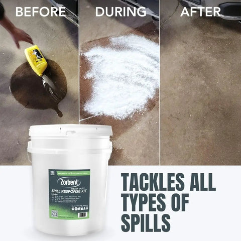 8 Gallon Liquid Spill Response Kit With Absorbent Powder, Containment Socks And Mats for oil and chemical cleanup on floor