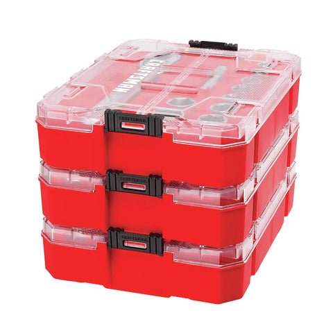 Three Eighths Inch Drive Socket Set With Ratchet, 11 Piece Metric Sockets In Case, visible transparent red storage case