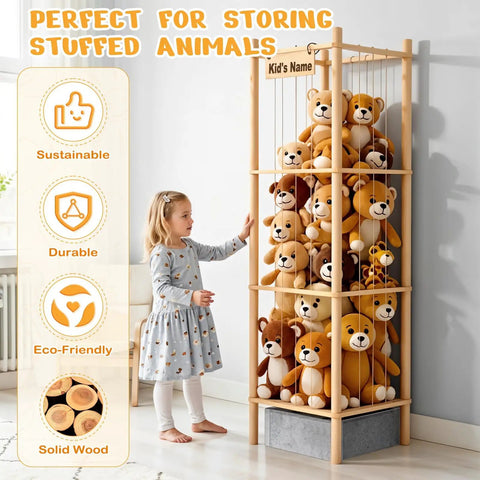 Large Wooden Stuffed Animal Storage Zoo Organizer With Toys Tray 57 Inch Tall for plushies, holds 50 plus plush toys in room.