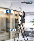 Six Step Folding Ladder For Home And Garage, Lightweight Aluminum Stepladder With Stable Top Handle, Non Slip Feet, Holds Up To 300 Lbs, Black, Compact Design For Easy Storage, Ideal For Indoor And Outdoor Tasks, woman reaching 12 ft ceiling