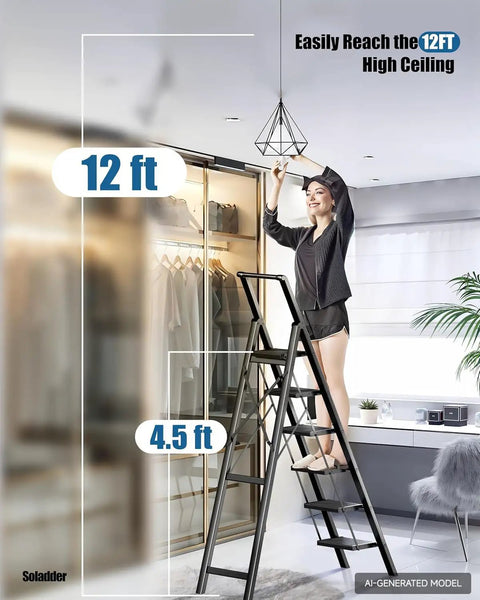 Six Step Folding Ladder For Home And Garage, Lightweight Aluminum Stepladder With Stable Top Handle, Non Slip Feet, Holds Up To 300 Lbs, Black, Compact Design For Easy Storage, Ideal For Indoor And Outdoor Tasks, woman reaching 12 ft ceiling