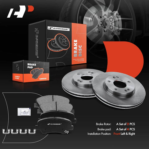 Image of Beef Up Braking With 11.02 Inch Front Vented Disc Brake Rotors And Ceramic Pads Kit including rotors and pads for Hyundai Elantra and Kia Forte.