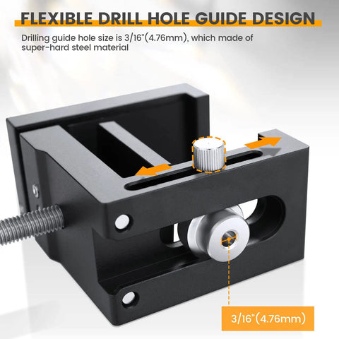 Close-up of flexible 3/16" drill guide on Cabinet Installation Clamp Kit For Easy Face Frame Cabinetry Installations, Heavy Duty.