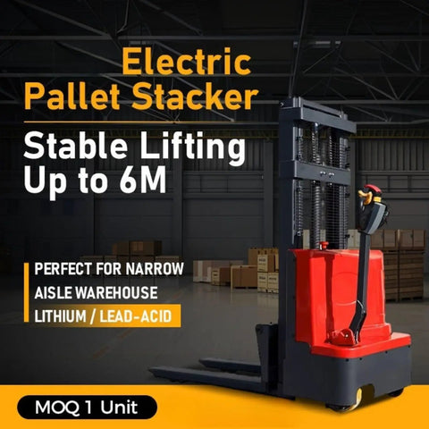 Heavy Duty Electric Pallet Stacker With Battery Powered Forklift Lift System seen in warehouse, ideal for lifting pallets up to 6m.