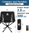 Lightweight Portable Folding Camping Chair With 360 Degree Rotation, size details, black color, supports 300 lbs, bag included