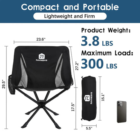 Lightweight Portable Folding Camping Chair With 360 Degree Rotation, size details, black color, supports 300 lbs, bag included