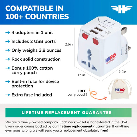 Universal Travel Adapter With 2 USB Ports For US Europe UK Ireland Australia And 100 Countries, Compact cube design with features