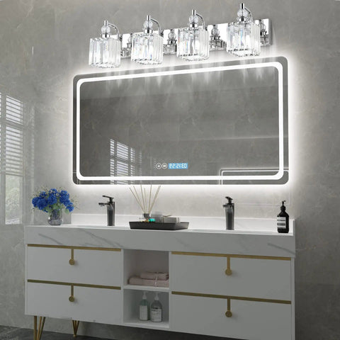 Modern Crystal Vanity Light For Bathroom 4 Light Chrome Wall Fixture Over Mirror 31.5 Inch above luxurious mirror