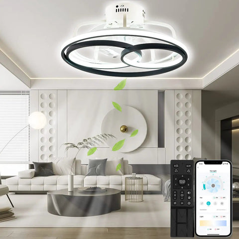 Flush Mount Ceiling Fan With Lights 19.69 Inch in living room, black finish, 6-speed wind with remote control and energy-saving lighting
