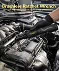 12V Cordless Brushless 3/8 Inch Ratchet Wrench Kit With 65 Ft-Lbs Torque, Li-Ion Battery in use for car engine maintenance