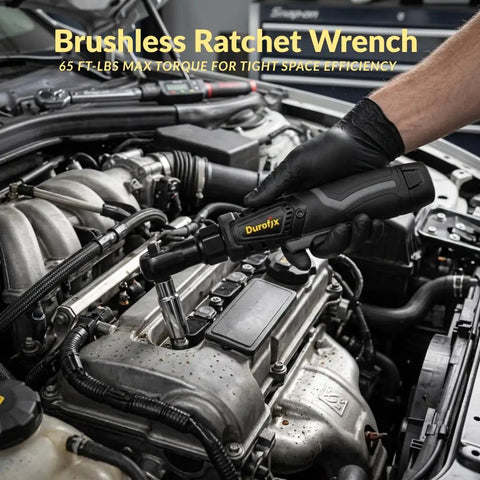 12V Cordless Brushless 3/8 Inch Ratchet Wrench Kit With 65 Ft-Lbs Torque, Li-Ion Battery in use for car engine maintenance
