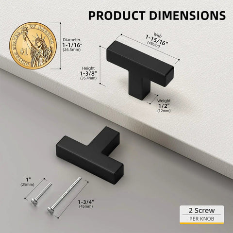 5 Pack Black Square T Bar Cabinet Knobs With Single Hole Slick Stainless Steel Modern Drawer Pull Handles For Kitchen Bathroom Cabinets Cupboards Easy Install Hardware Set