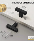 Ten Pack Matte Black Cabinet Knobs Square T Bar Dresser Knobs For Cabinets Modern Hardware dimensions with screws and size details