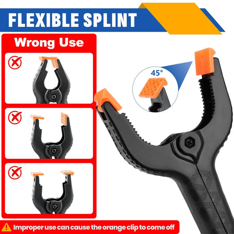 Ten-pack 6-inch black plastic spring clamps with orange tips for crafts, photography, and backdrop setups.