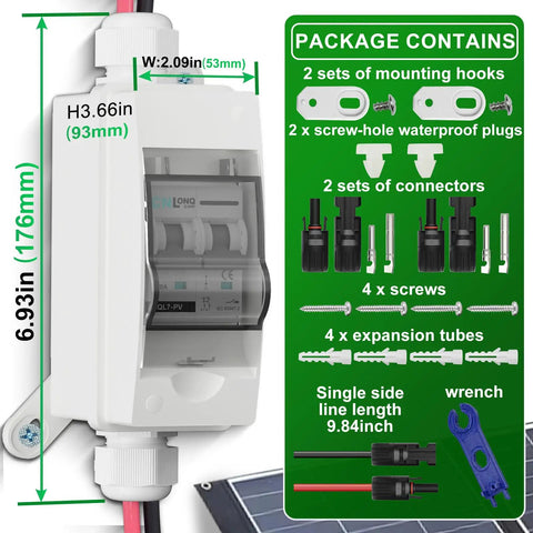 Solar Disconnect Switch 20A 1000V DC 2P Circuit Breaker Box with accessories and dimensions, suitable for outdoor PV systems.
