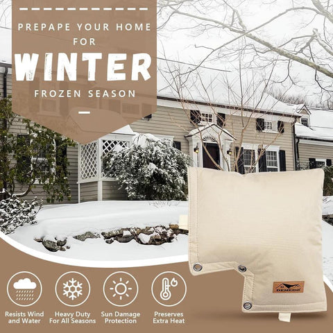 Front view of beige backflow preventer cover for irrigation valves; insulated winter cover with grommet holes, Amazon