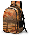 Log Cabin Maple Scene Printed Unisex Backpack with large capacity, durable polyester build, showing autumn cabin and leaves design.